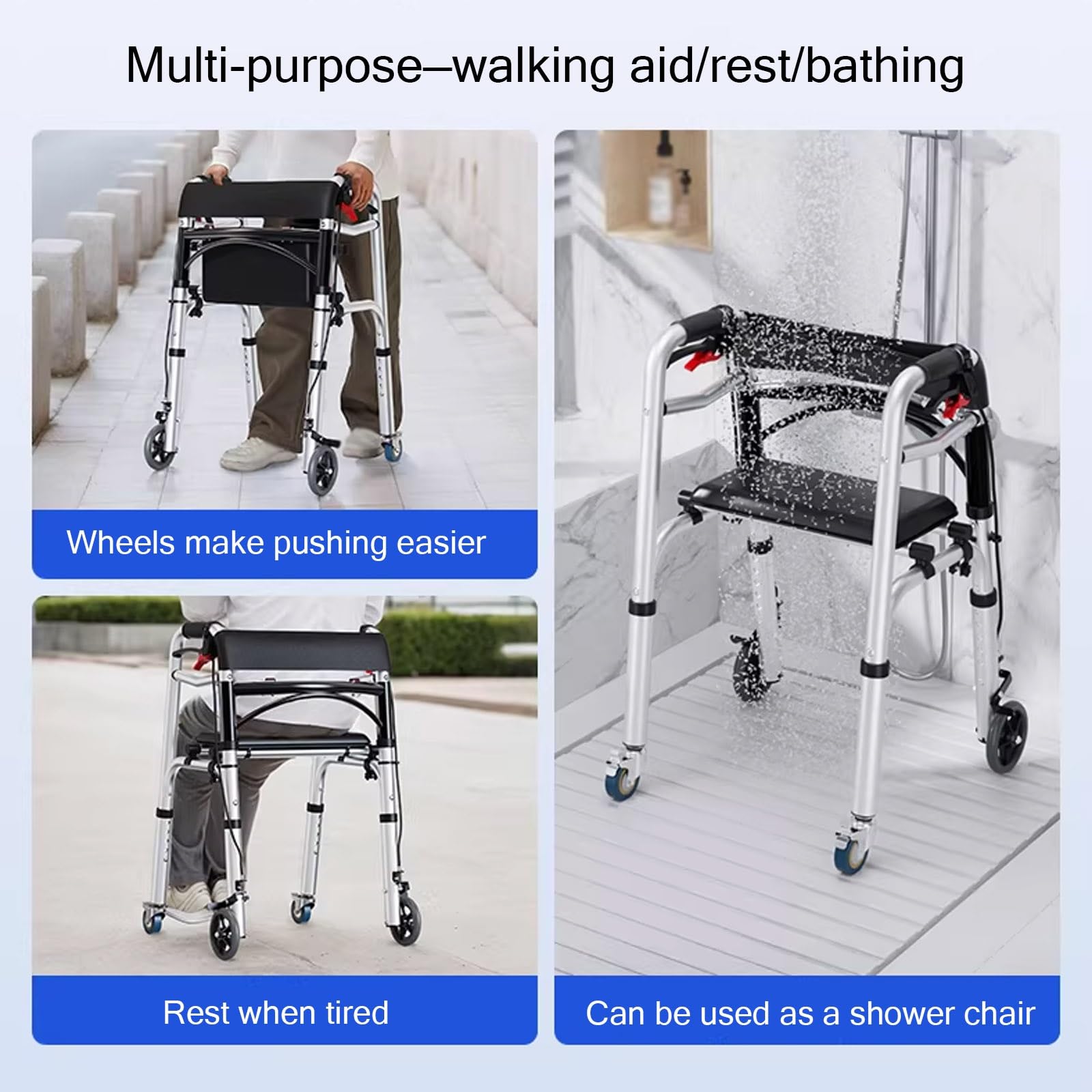 Andador Plegable Ligero con Doble Freno, Andadores de 4 Ruedas con Asiento, Andador de Movilidad de Altura Ajustable for Personas Mayores y Personas con Movilidad Reducida