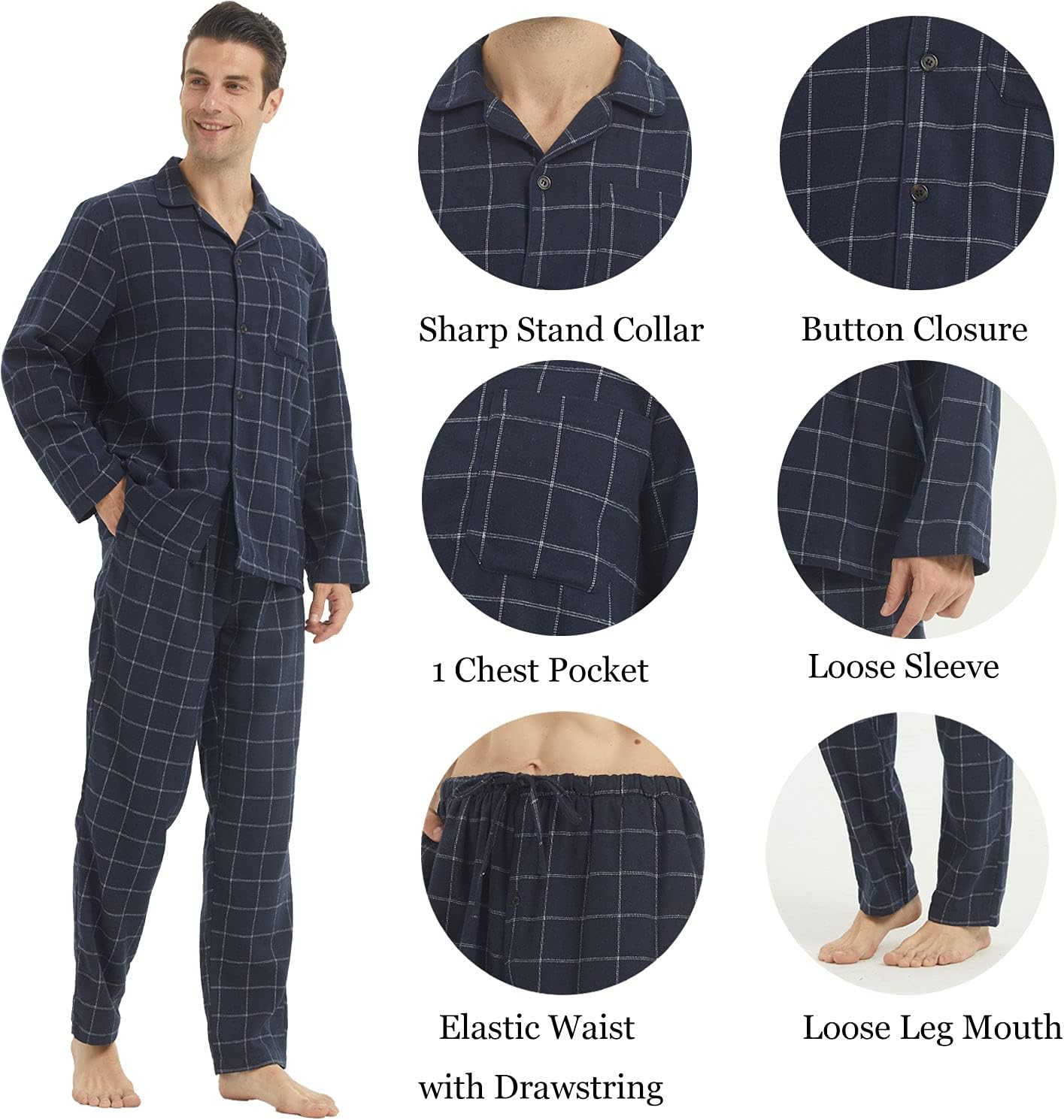 LANBAOSI Flannel Pajamas for Men Set Long Sleeve Soft Cotton Loungewear Sleepwear Plaid Shirt Pants Pjs Top Bottom - Image 4