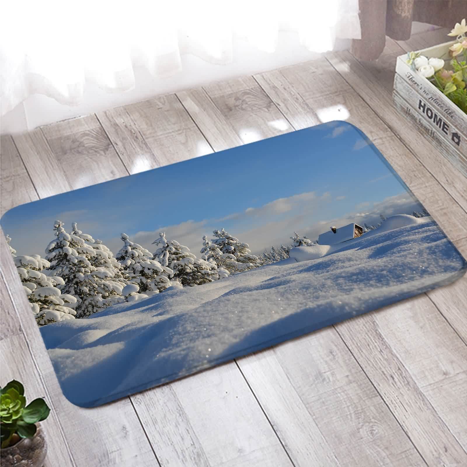 Tappeto per animali domestici, zerbino personalizzato 60X180cm bianco albero innevato e case flanella tappetino