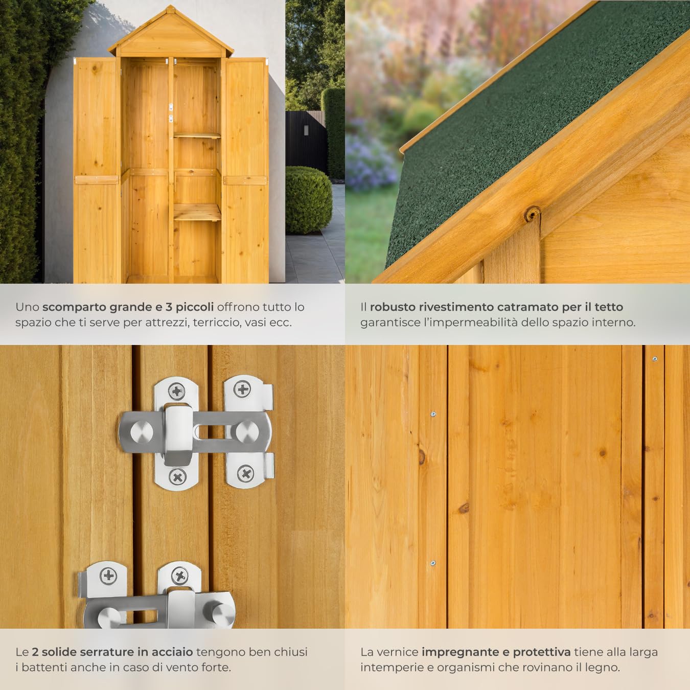 tectake® Armadio da Giardino con Tetto a Punta, Casetta Ripostiglio da Esterno con 2 Piani d'Appoggio, 2 Porte Richiudibili con Chiavistello in Acciaio, Mobile Giardino per Ricovero Attrezzi - Marrone