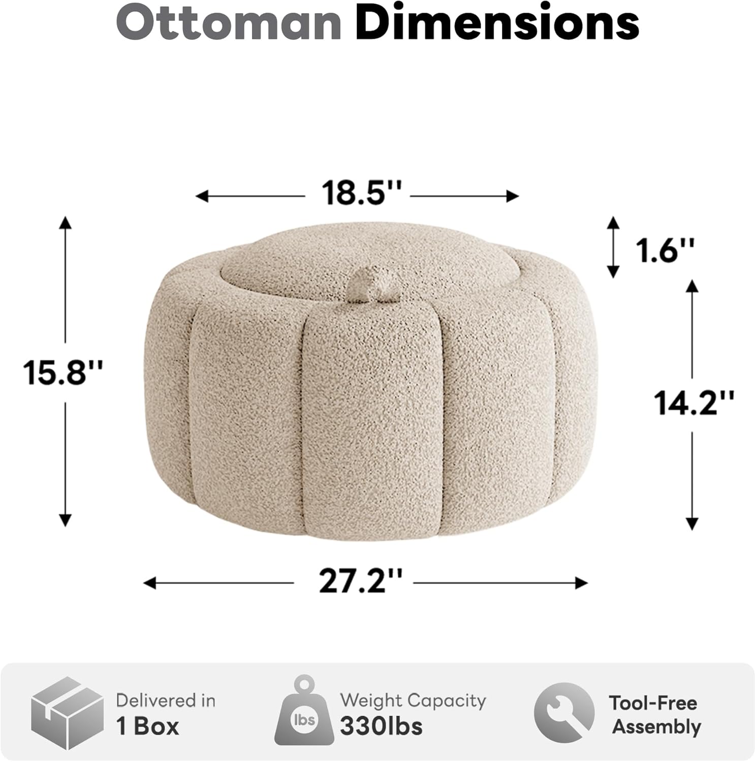 Tbfit Round Storage Ottoman - No Assembly Required, Storage & Sturdy Structure Multi-Functional Seat/Footrest for Living Room, Bedroom & Kids Room Soft Fabric for Family Home Use, White