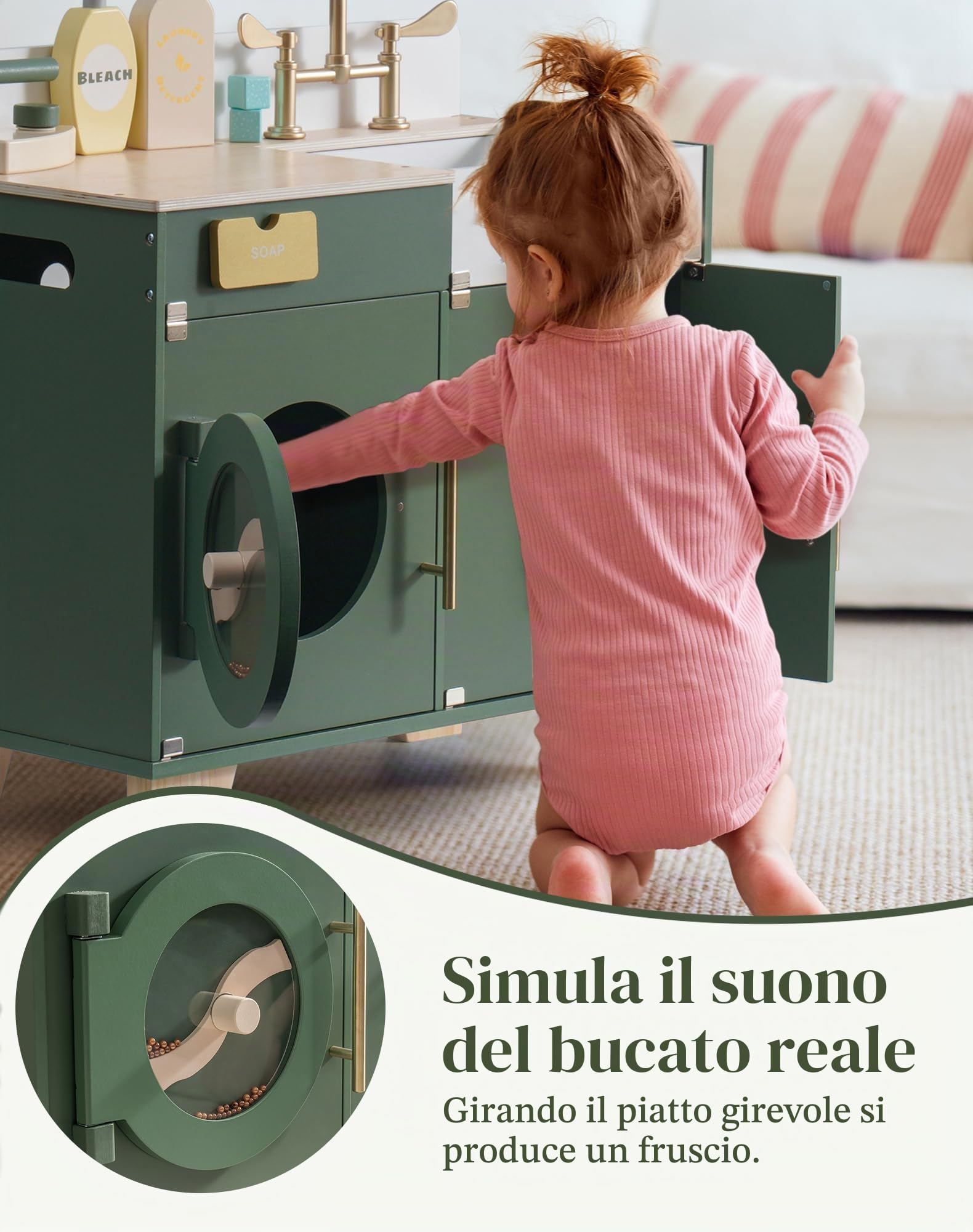 ROBUD Lavatrice Cucina Giocattolo Set, Accessori Cucina Giocattolo in Legno Gioco Lavatrice con Suono/Ferro, Giocattoli Realistici Legno Cucina per Bambini 3-8 Anni