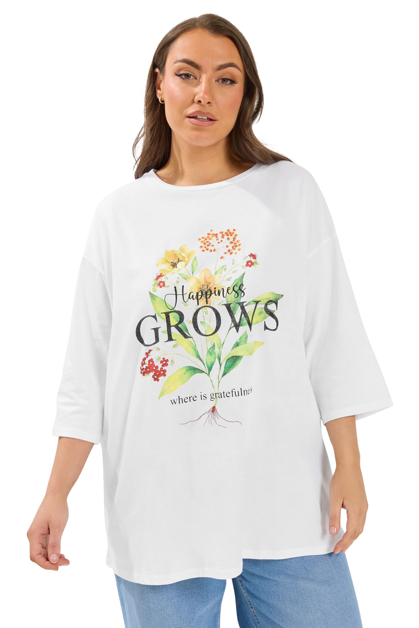 Yours Curve 'Happiness Grows' Floral T-Shirt - Women's - Plus Size Curve