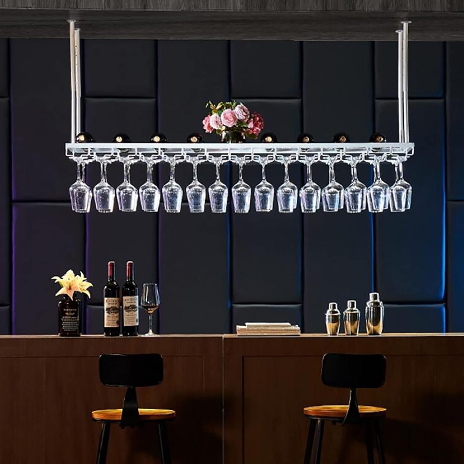 Hanging Wine Glass Holder Industrial Wine Racks,Ceiling Wine Holder,Adjustable Height,Wall-Mounted Iron Wine Glass Rack,White Stemware Shelf for Bars Restaurants Kitchens