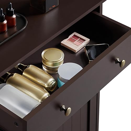 Miniatura 7 de Yaheetech Armario de suelo de baño, organizador de madera con gran espacio de almacenamiento con 1 cajón grande, 3 cajones pequeños y 2 puertas,