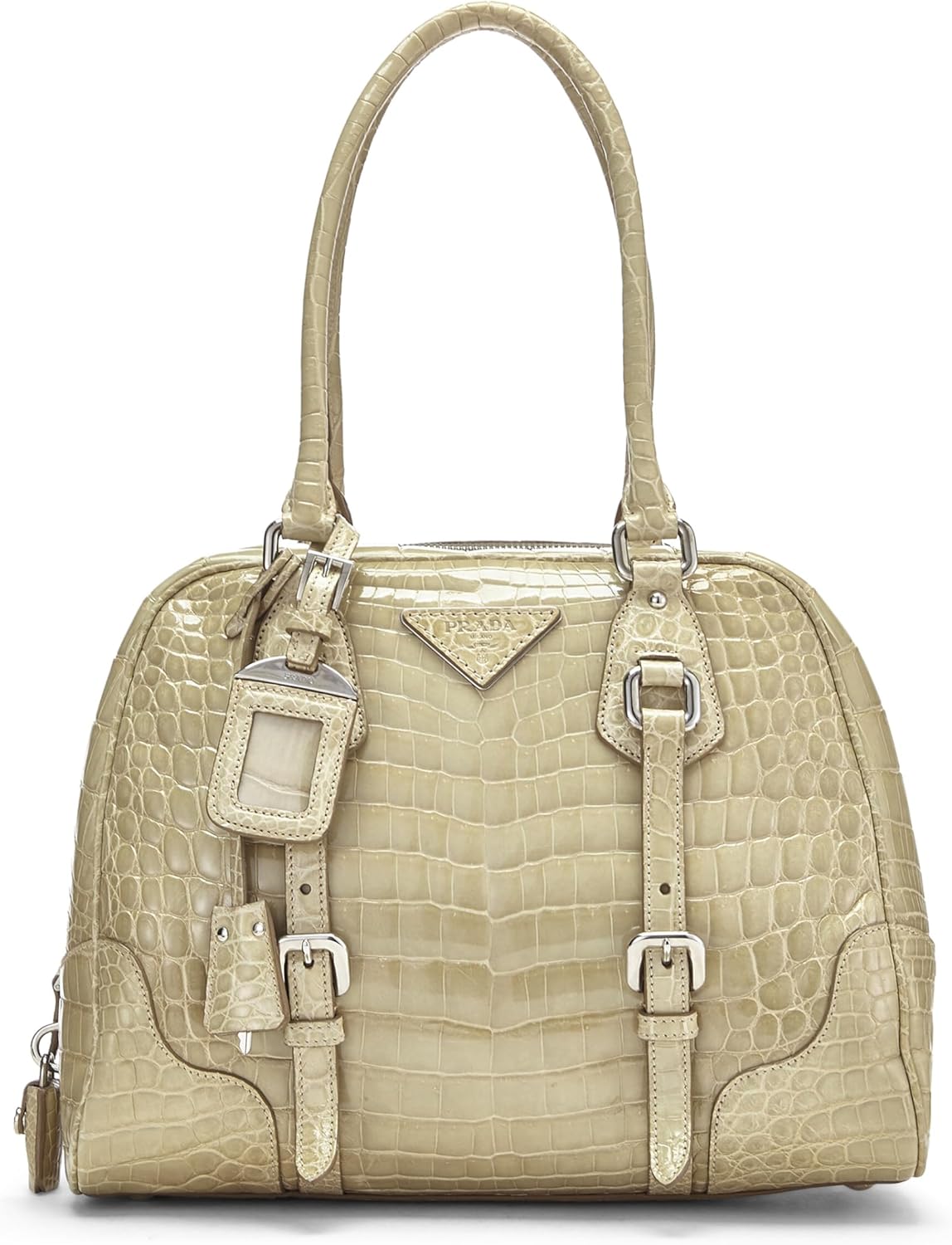 Prada, PreLoved Green Embossed Crocodile Bowling Bag