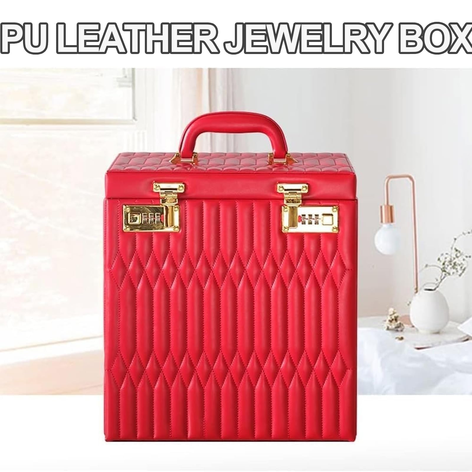 Joyero de piel sintética con cerradura de contraseña, bandeja organizadora multicapa de gran capacidad, estuche de almacenamiento para collar, anillo, pendientes, reloj, regalo para mujer