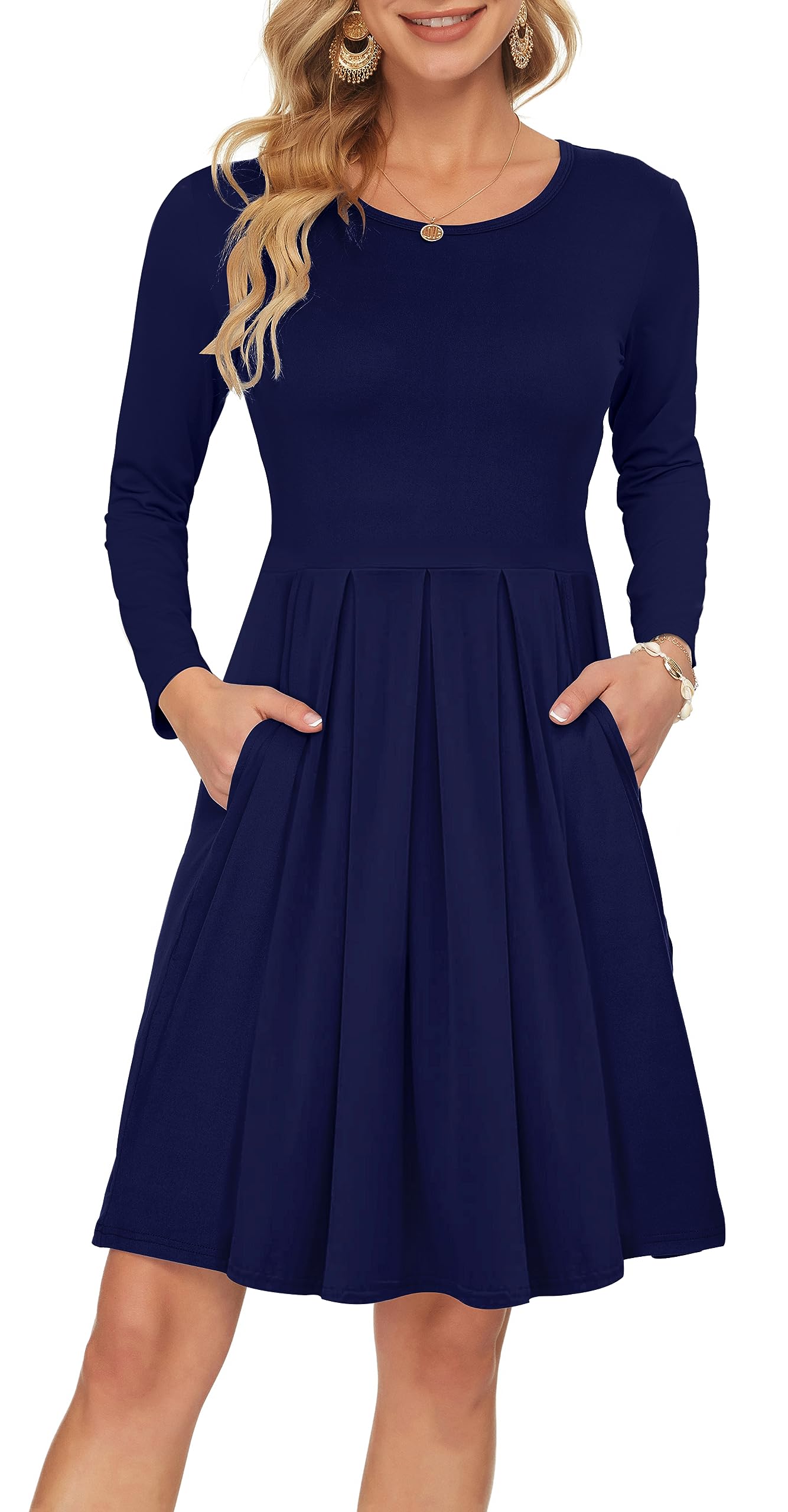 AUSELILY Women's Long Sleeve Fall Dress Casual Pleated Loose Swing Dress with Pockets 2025 New