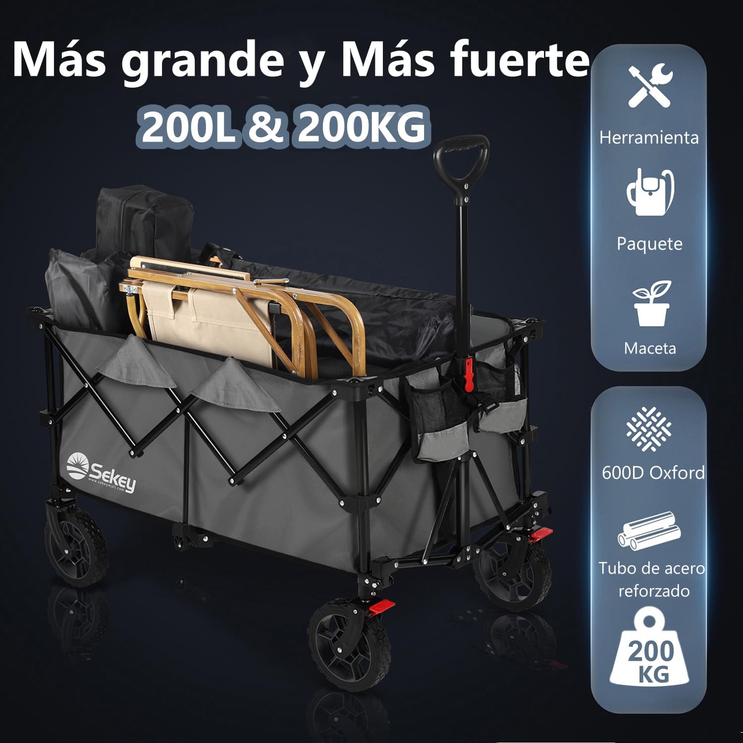 Sekey XXL Plus Carro Plegable con Rueda Frenos 200L 200KG, Carrito Transporte para Playa Camping Jardín, Patentado Plegable en Cuatro Direcciones SE4010, Antracita