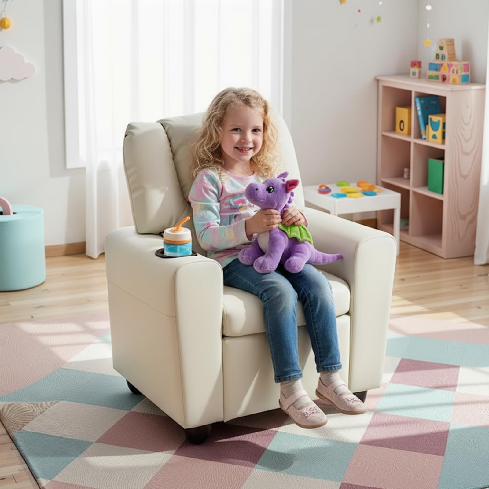 LIFEZEAL Sofá infantil, sillón infantil con función reclinable, sillón relax 2 en 1 para niños, sofá infantil con reposapiés ajustable y soporte para bebidas, sofá pequeño para habitación infantil