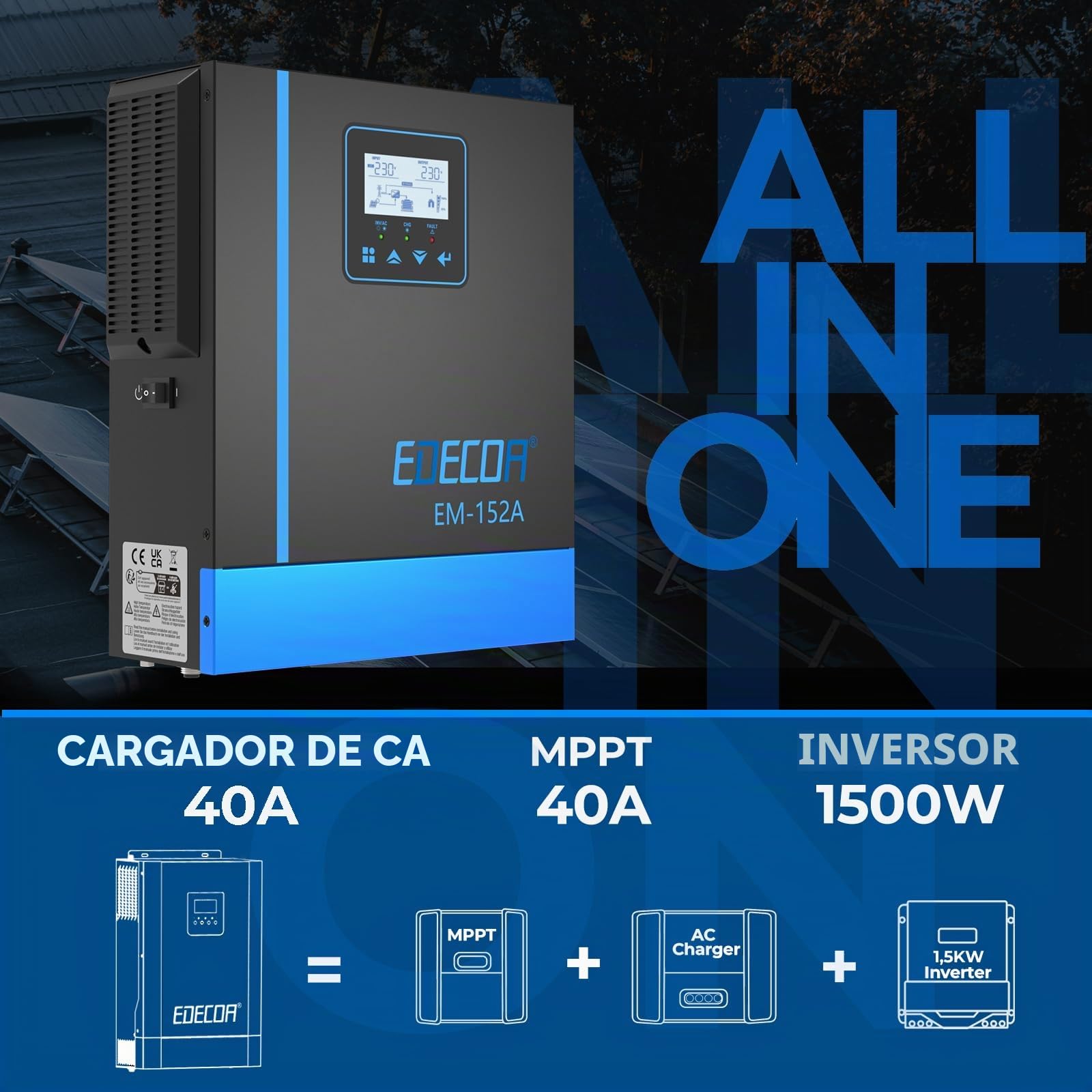 EDECOA Inversor híbrido 1500 W, 24/230 V, 1500 VA, cargador solar MPPT 40 A, puro sinusoidal, 30-150 Vdc Off-Grid, BMS, comunicación, prioridad de red, regulador carga solar