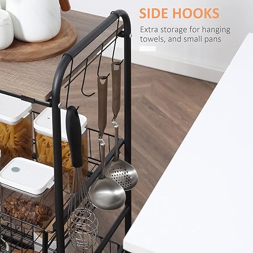 Miniatura 7 de HOMCOM Carrito rodante de 3 niveles, carrito de cocina delgado con ruedas, 2 cestas deslizantes, carrito de microondas con ganchos laterales para