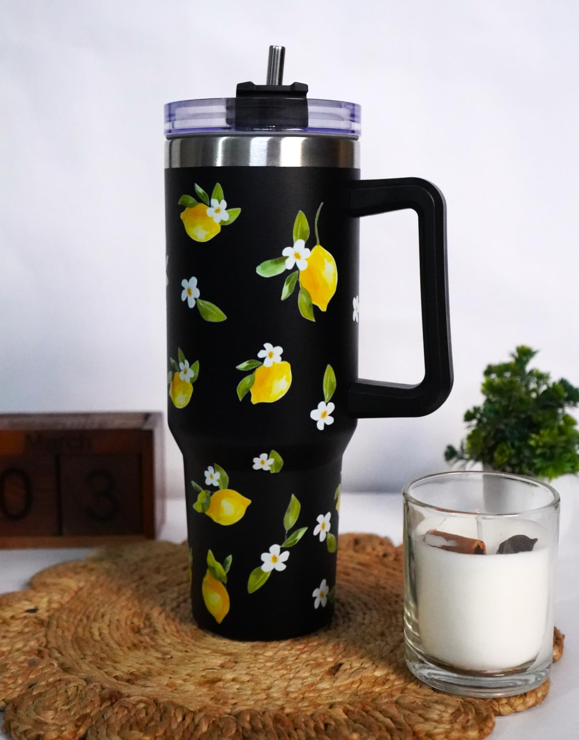 Najarat 1200ML Stainless Steel Tumbler Hot and Cold with Handle and Lid and 2 Straws, Double Insulated Cup Leak Proof Mug Cupholder for Gym, Travelling (Black Summer Lemons)