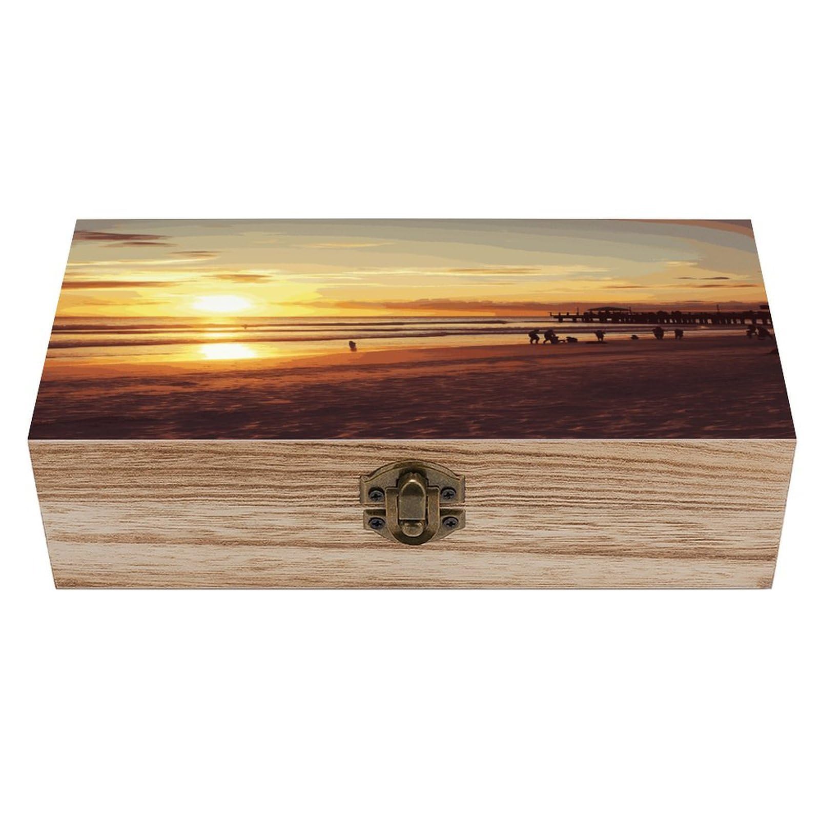 FekiLoot Sunset Beach Wooden Jewelry Box Personalized Wood Keepsake Box Large Decorative Wooden Storage Boxes with Hinged Lid Rustic Style Wood Jewelry Organizer for Desk Home Office