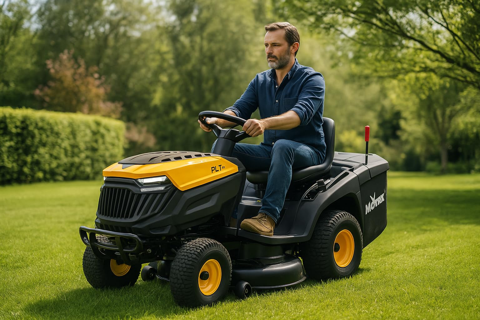 Tractor cortacésped Mowox PLT 86/10 RM – Motor 352 CC Loncin, Ancho 86 cm, recogedor 240 L, Sistema Doble Cuchilla, Faro LED, Arranque con Llave