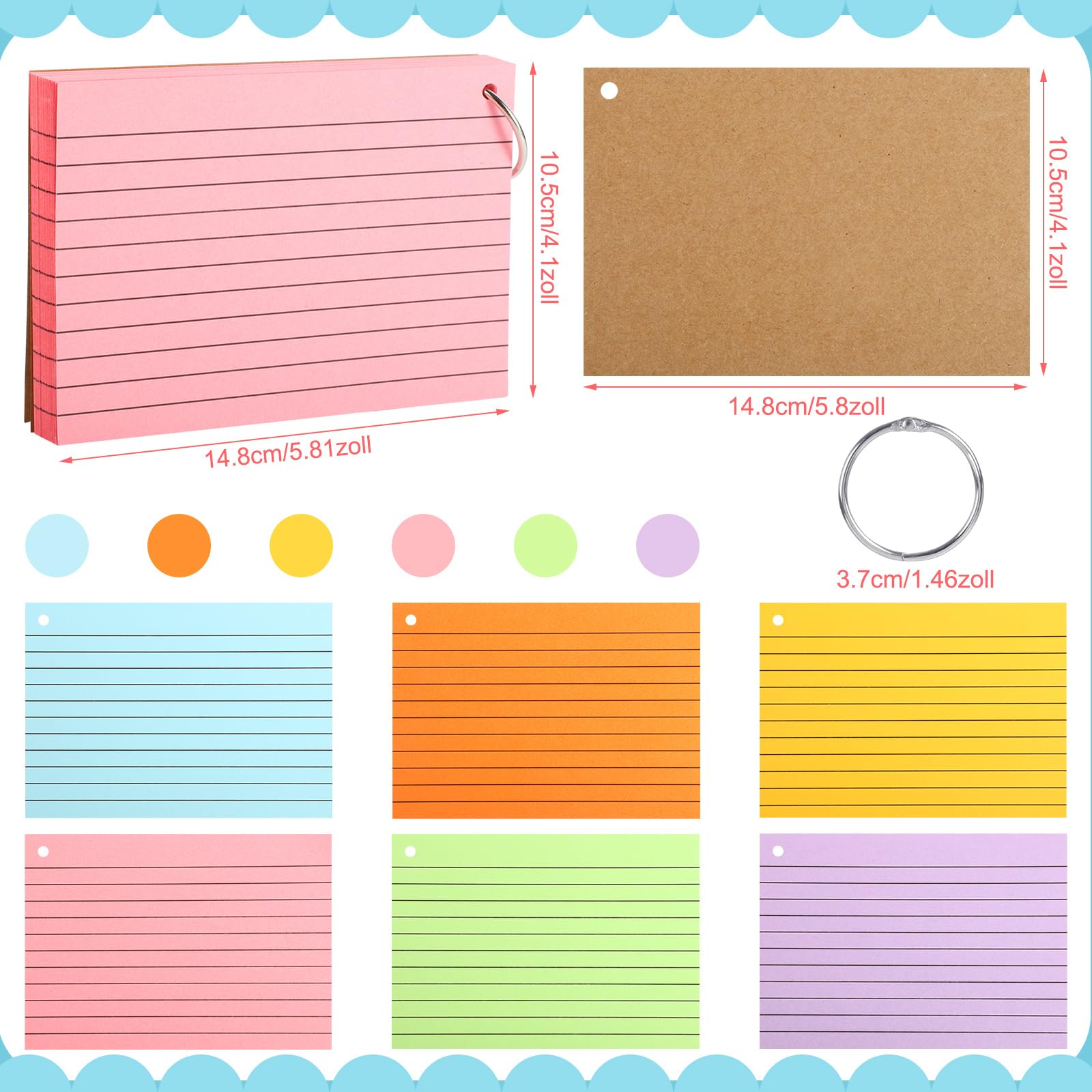 300 sztuk fiszek A6, 150 g/m², fiszki, w linie, kolorowe z 6 pierścieniami do bindowania, 12 kart z papieru typu kraft, do szkoły, biura, domu (6 kolorów)