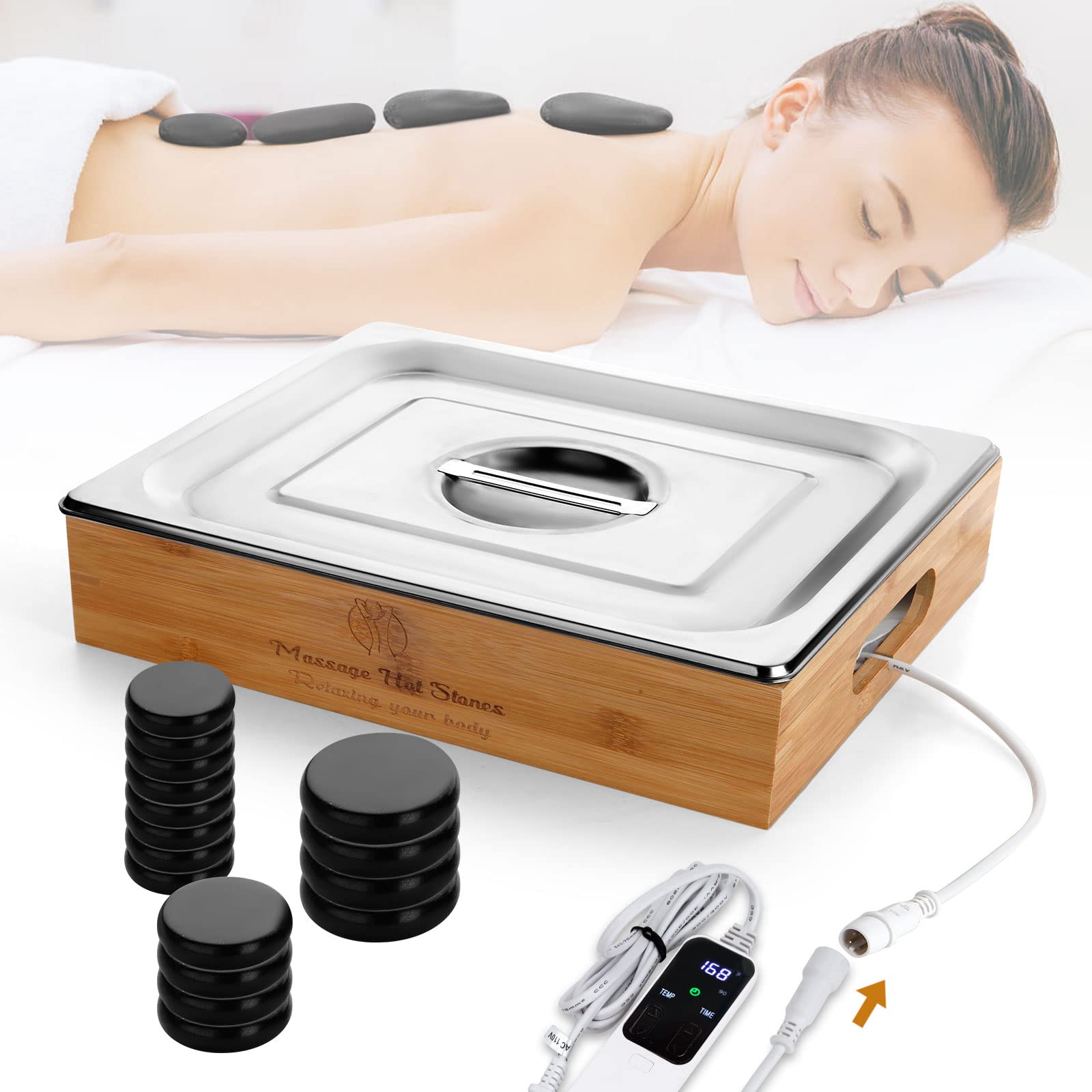 SLIMSTY 16Pcs Hot Stones Massage Set with 1-5 Gear Timing Heating & Temperature Control, Electric Basalt Hot Stones with Heater Kit, for Professional or Home spa, Relaxing, Healing, Pain Relief