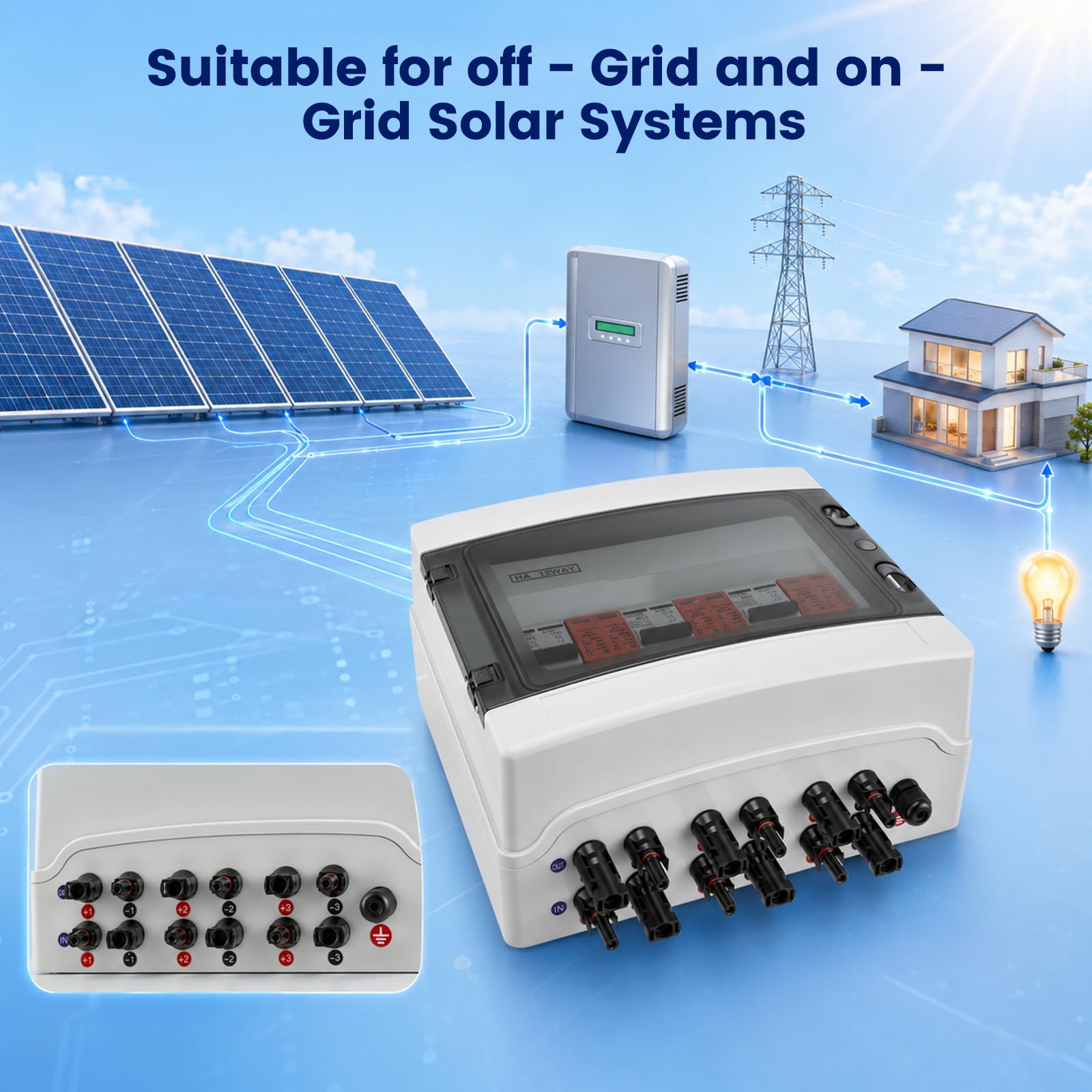 Überspannungsschutz PV, 3 Strings Solar Anschlusskasten, 40A/DC1000V Blitzschutz Leitungsschutzschalter, Solar PV Anschlusskasten IP65 Wasserdicht, für PV Anlage, 3 in 3 out