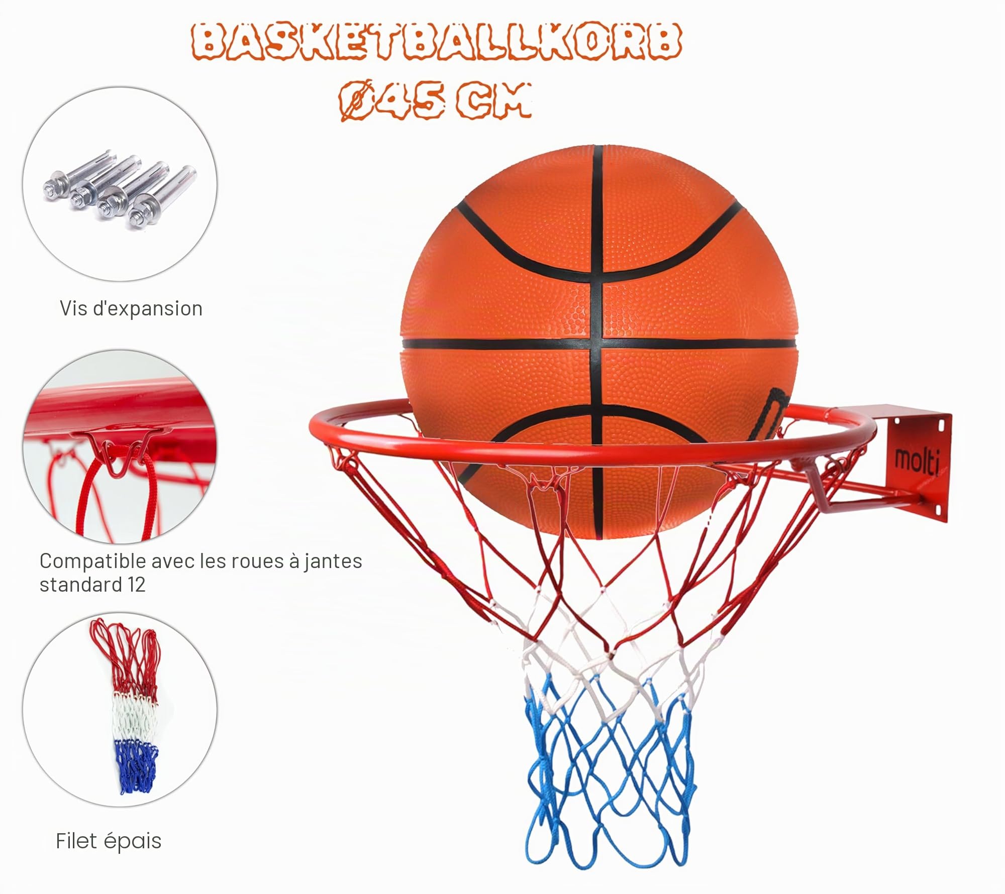 molti Panier de basket Ø 45 cm/37 cm HangRing Basketball avec filet et vis de fixation extérieur + 4 vis de fixation