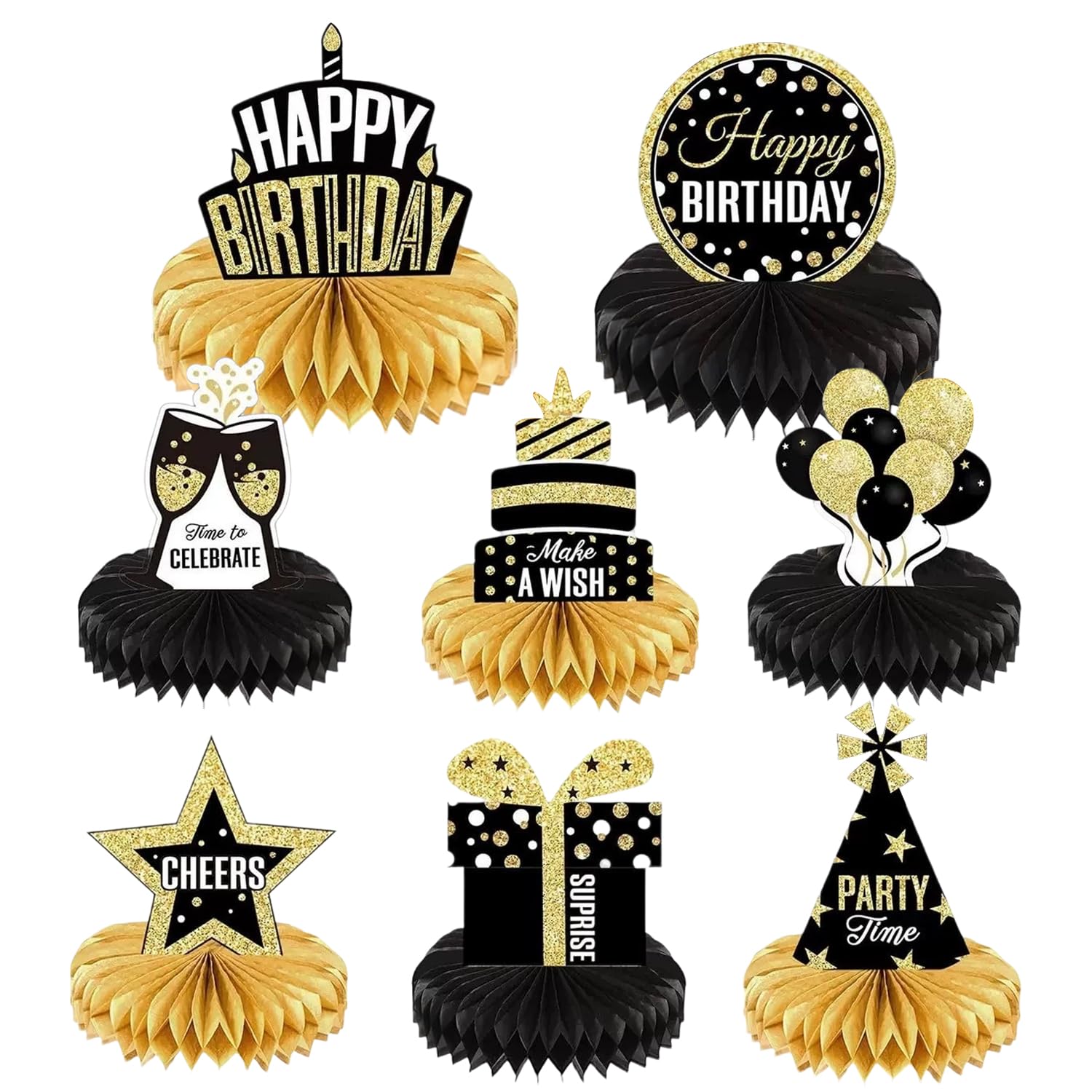 8-Piece Black and Gold Honeycomb Birthday Party Table Decorations Set with 3D Centerpieces for Men and Women Celebrations