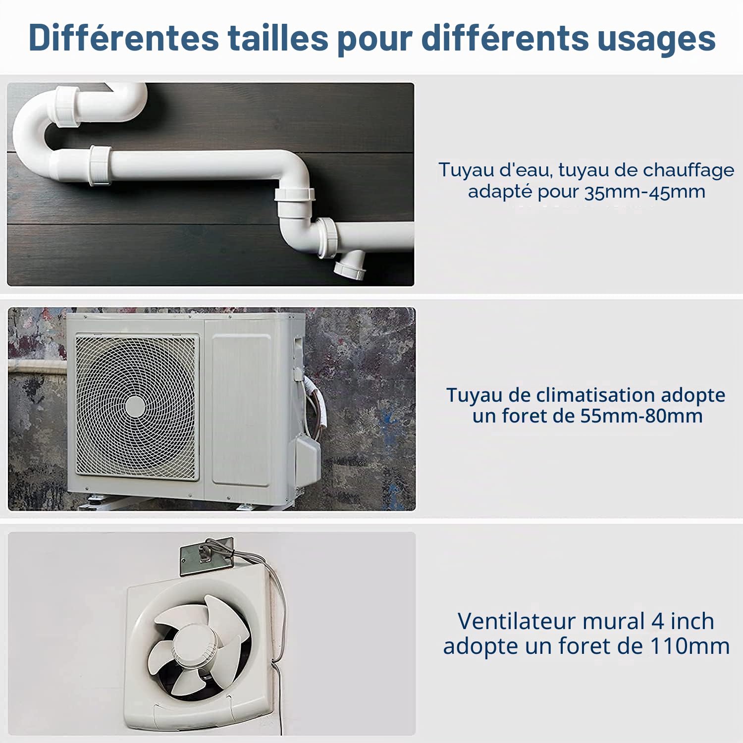 Set de Scies Cloches Trépan pour Béton, 10 Pièces, 35-110 mm, Kit Carotteuse avec 6 Tailles de Lames SDS Plus