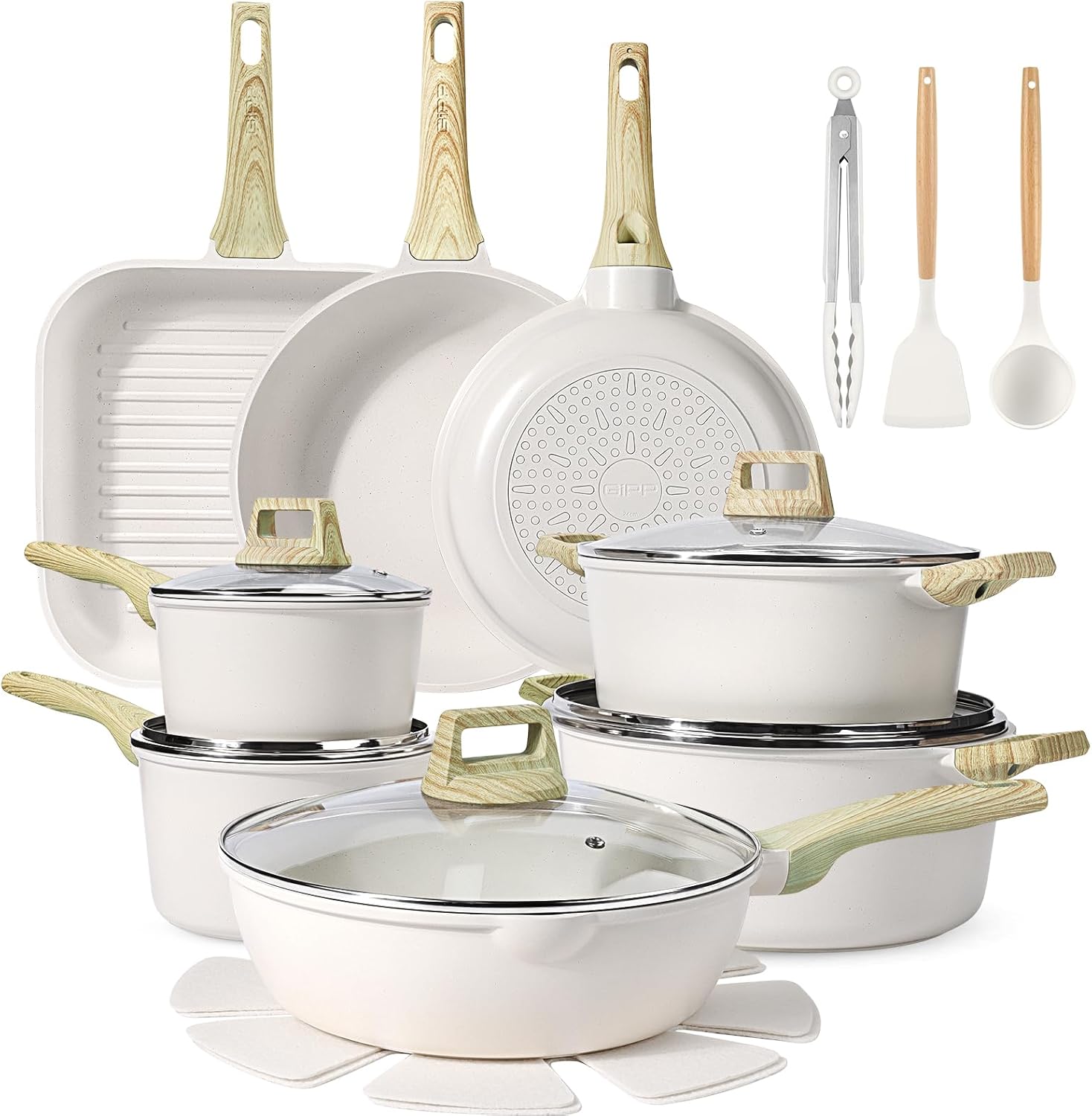 GiPP 21Psc Pots and Pans Set Non Stick White Granite Kitchen Cookware Sets Nonstick Induction Cookware Non-toxic Cooking Pan Set with Silicone Utensils, PFOS and PFOA Free