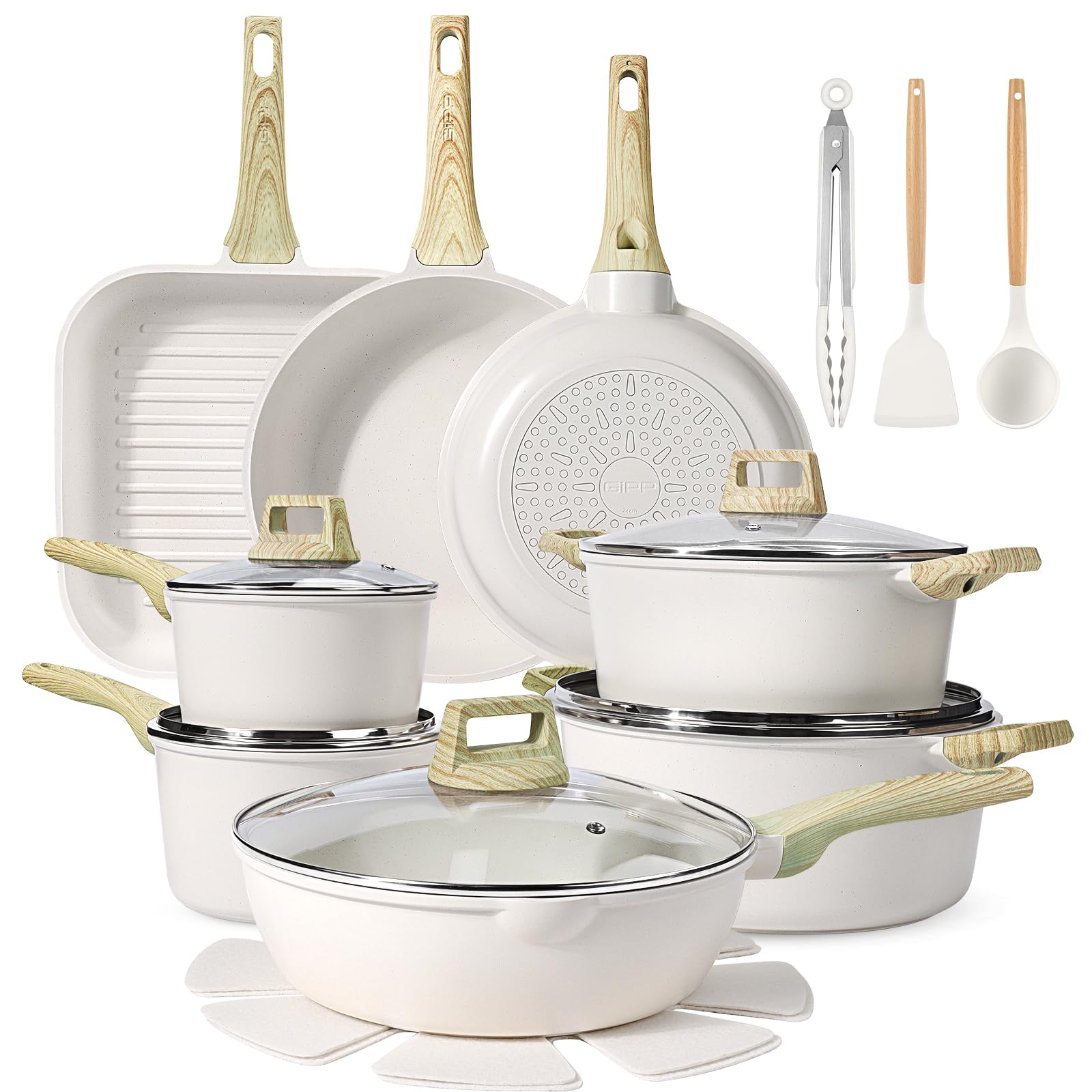 GiPP Set di Pentole e Padelle con Rivestimento Antiaderente - 21 Pezzi Induzione Set di Pentole Con Spatola Cucchiaio, Atossico, Adatto a Diversi Tipi di Fornelli