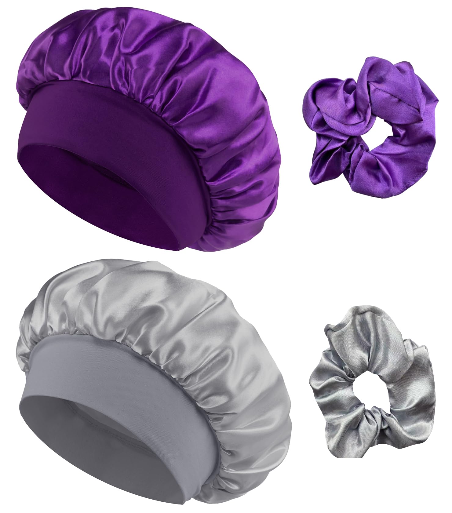 Loomify Satin Schlafhaube,2 Stück Seidenhaube Verstellbar Haarhaube Seide mit 2 Stück Satin Haargummis,Nacht Schlaf Haube Damen Mädchen Atmungsaktive Schlafkappe (Lila,Grau)