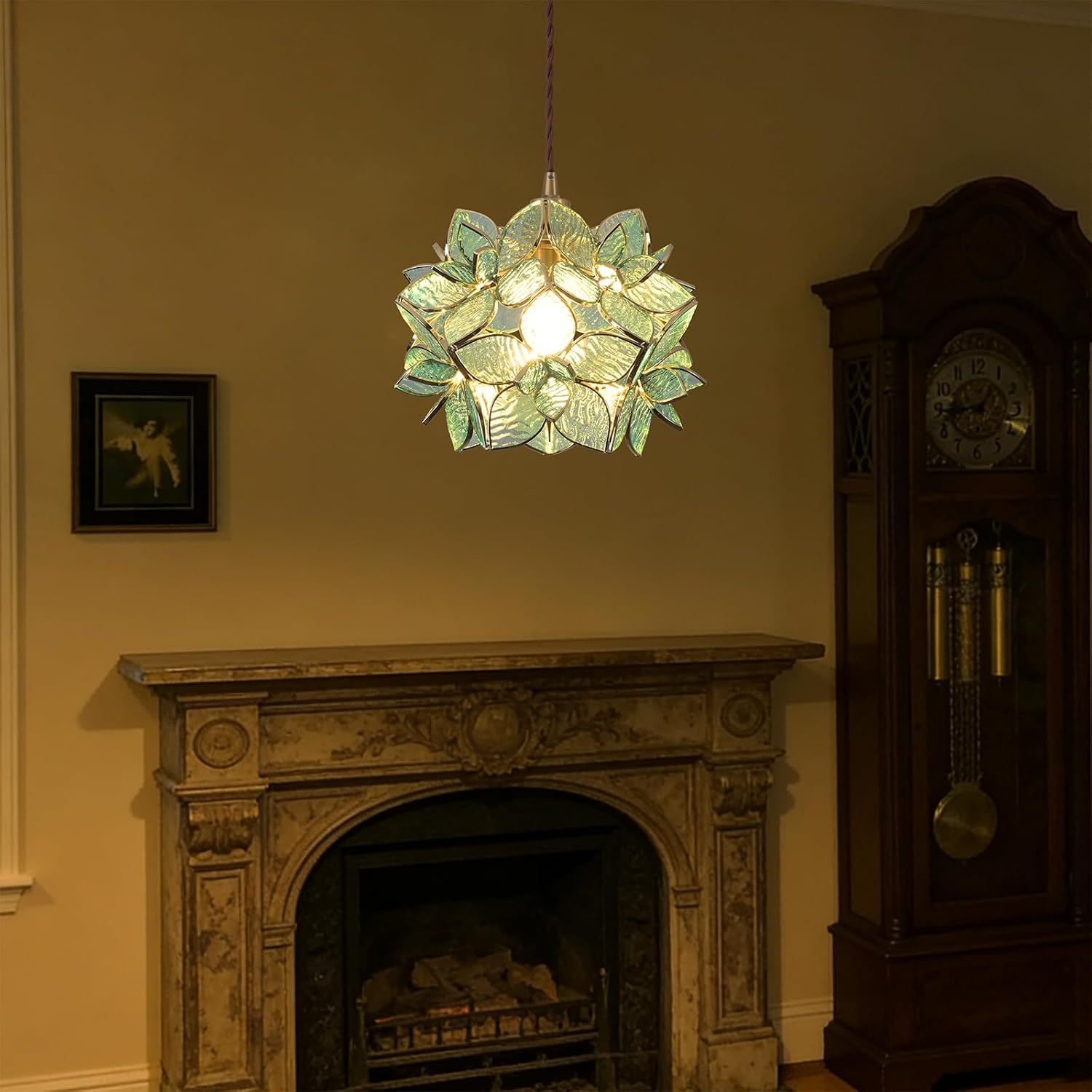 Skyblaze Tiffany Style Pendant Light Fixture, Stained Glass Hanging Lamp, Flower Pendant Light, Vintage Lighting with Handmade Lampshade for Kitchen Island Dining Room (Green)