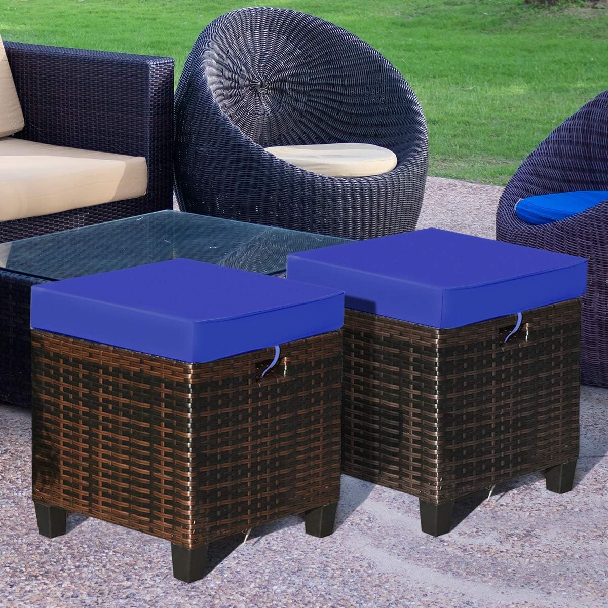 DORTALA Outdoor Ottoman Wicker 2 Piece, Patio Ottomans PE Rattan Foot Rest with Cushion for Couch, Chair, Navy