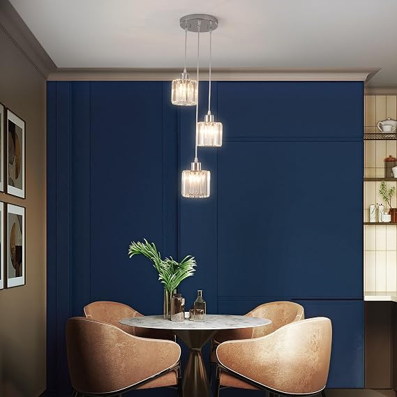 Crystal Pendant Ceiling 3 Light, Chrome Kitchen Island Lights Pendant Light Fittings, Modern Chandelier Hanging Ceiling Lights for Dining Room Living Room Hallway Lounge, E27 Base, Adjustable Height
