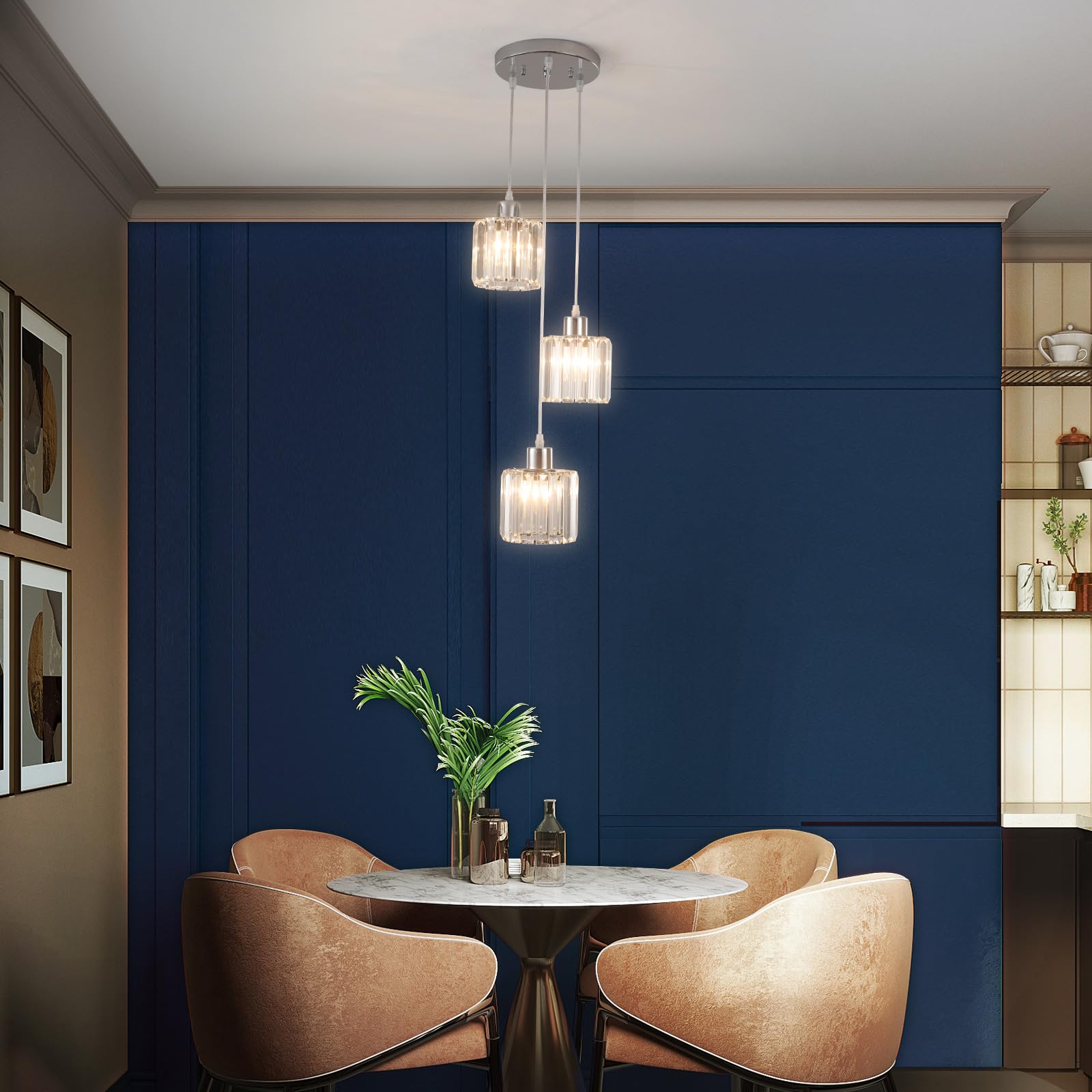 Lampadario a sospensione cristallo 3 luci,Lampadari moderni cromo,E27 Lampadario Camera da letto,regolabile in altezza,Lampada per Soggiorno,Cucina,Bagno,Corridoio,Sala da Pranzo
