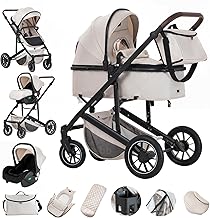 Gcarebb 3 in 1 Prams Travel System, Pushchair with Height Adjustable Handle, Travel Pram with Rain Cover, Baby Stroller with Aluminum Frame for Newborn 0-4 Years