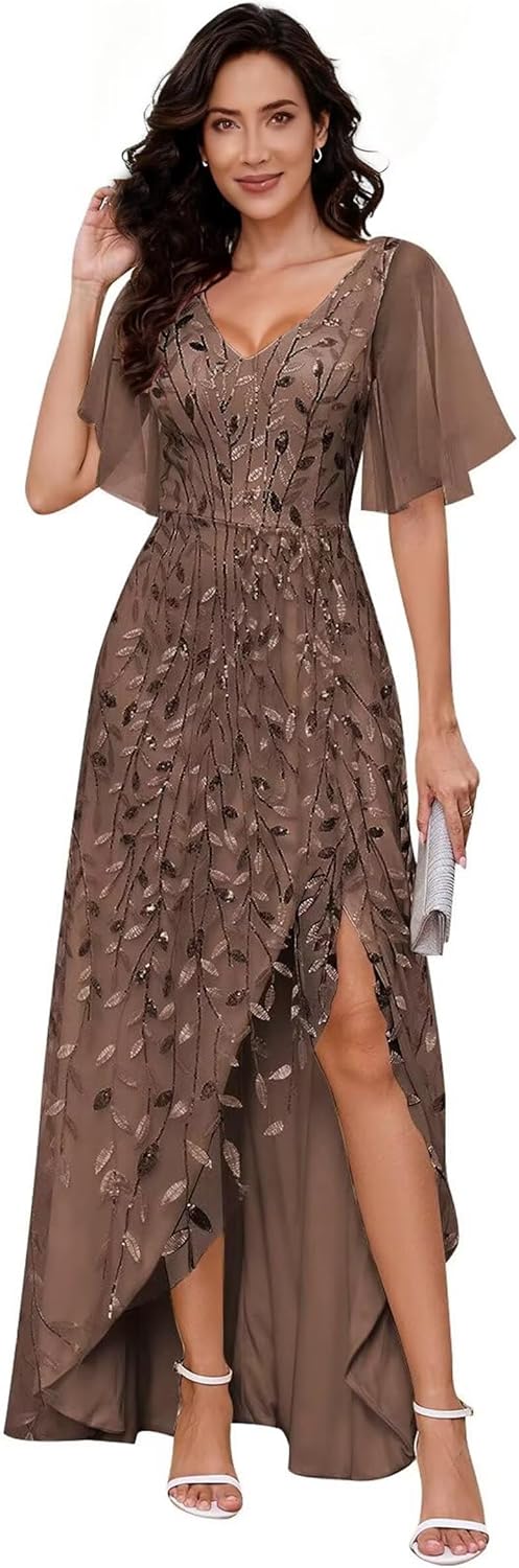 Women's Sequin Sparkly V-Neck Embroidery Ruffles Sleeves A-Line Floor Length Formal Evening Dress