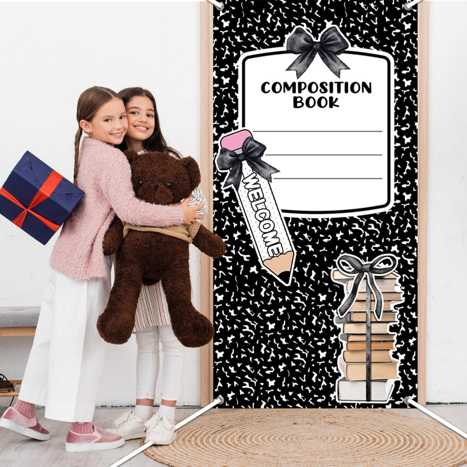Cuaderno de composición, decoración de aula, telón de fondo de lazo para el primer día de escuela, accesorios para cabina de fotos, cuaderno de composición, pancarta colgante para aula, oficina