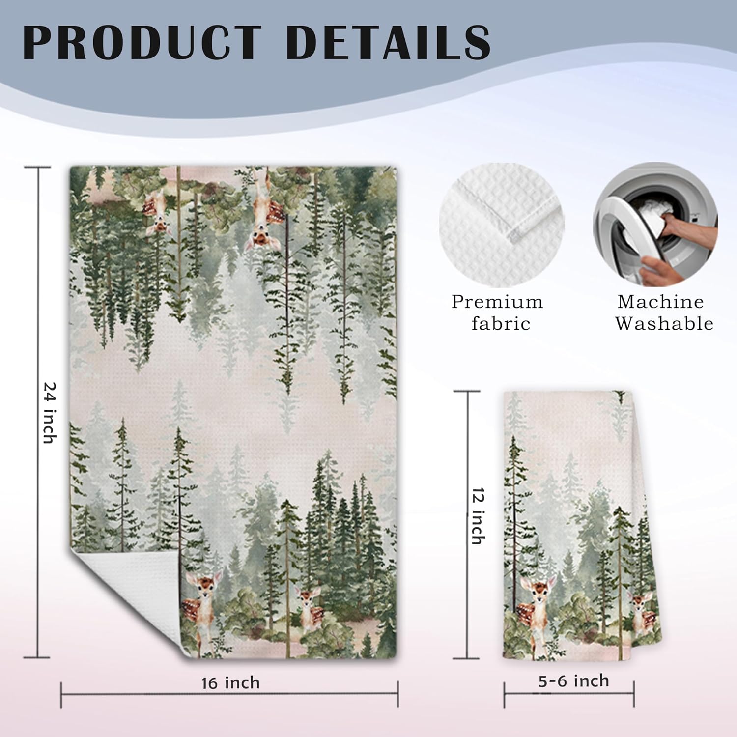 Watercolor Forest Kitchen Towels, Green Woodland Hand Towels for Bathroom Kitchen, Misty Pine Tree Woods Deer Wild Animal Decorative Dish Towels Drying Cloth, 16x24 Inch - Image 7