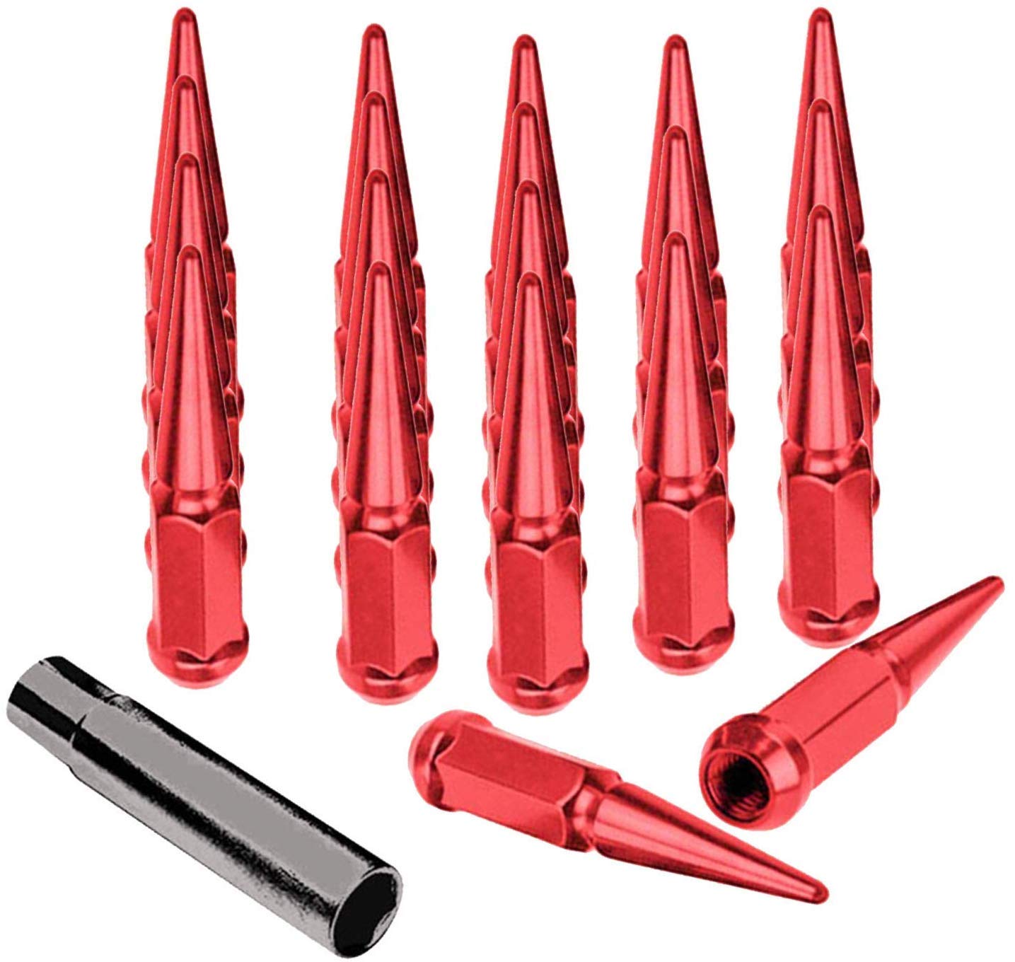 20pc Spike Lug Nut 12x1.25 Red 4.4" Tall Offroad Extended Metal Lugs Premium, 1 Socket Key Included