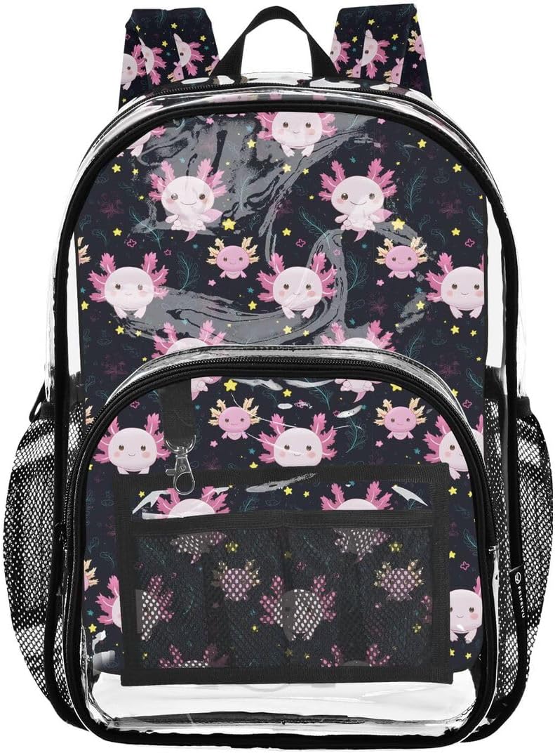 ALAZA Funny Axolotl Leaf Star Clear Backpack PVC Transparent Bookbag Heavy Duty for Student Boy Girl Kids Adult School Travel Work