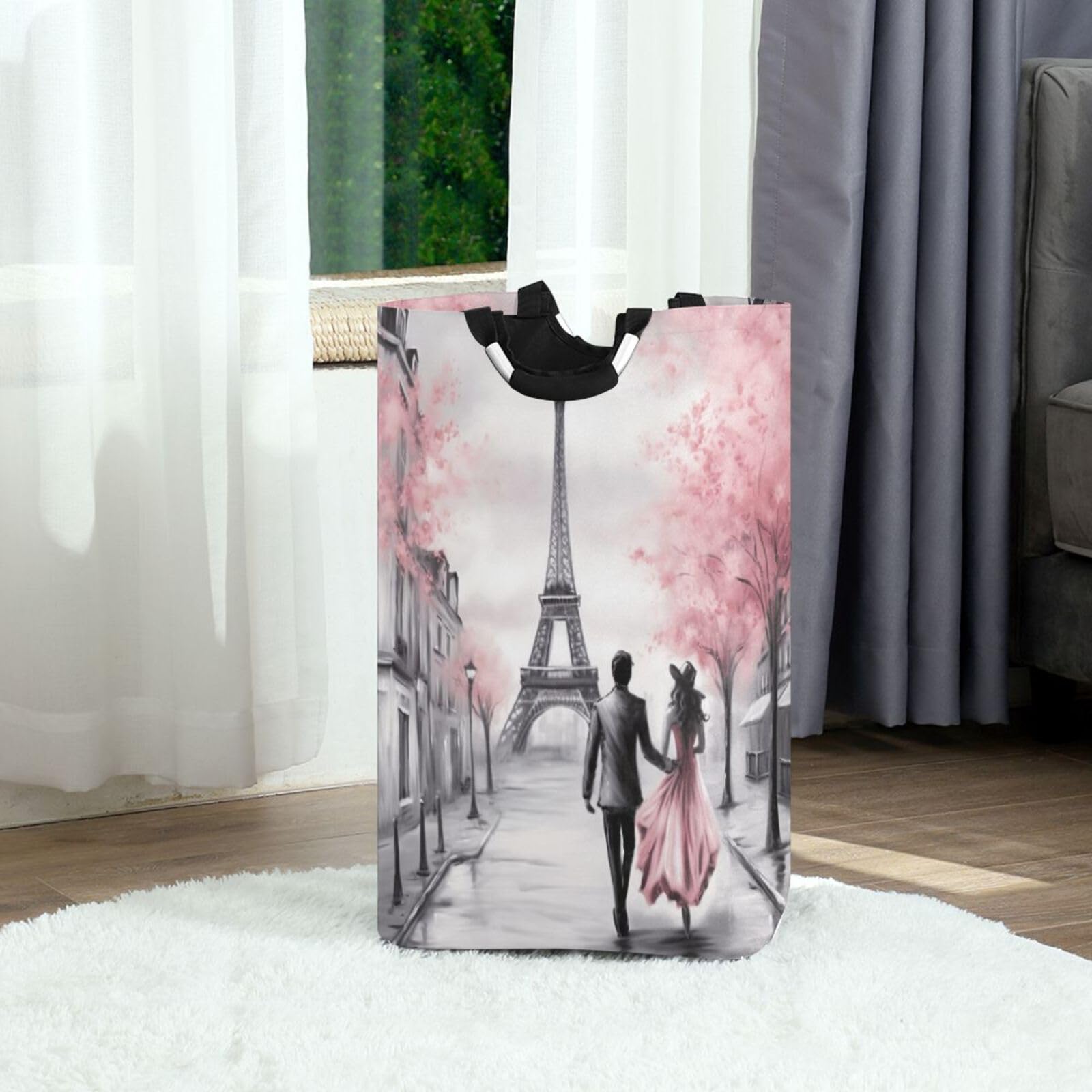 Kigai Pink Paris Tower Laundry Baskets Collapsible Large Storage Laundry Baskets,Storage Basket with Handles Clothes Organizer