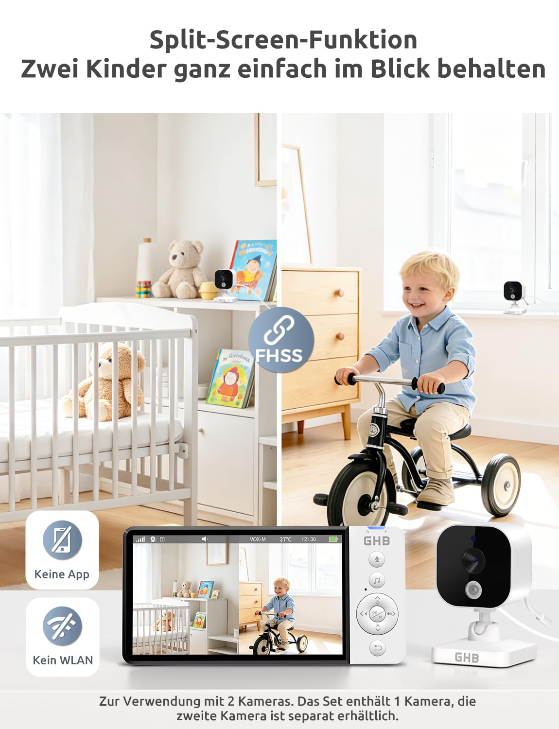 GHB Babyphone mit Kamera 5 Zoll 720P HD Display mit bis zu 168h Akkulaufzeit im VOX Bewegungserkennung Split-Screen-Anzeige Nachtsicht 4X Zoom manuell drehbar