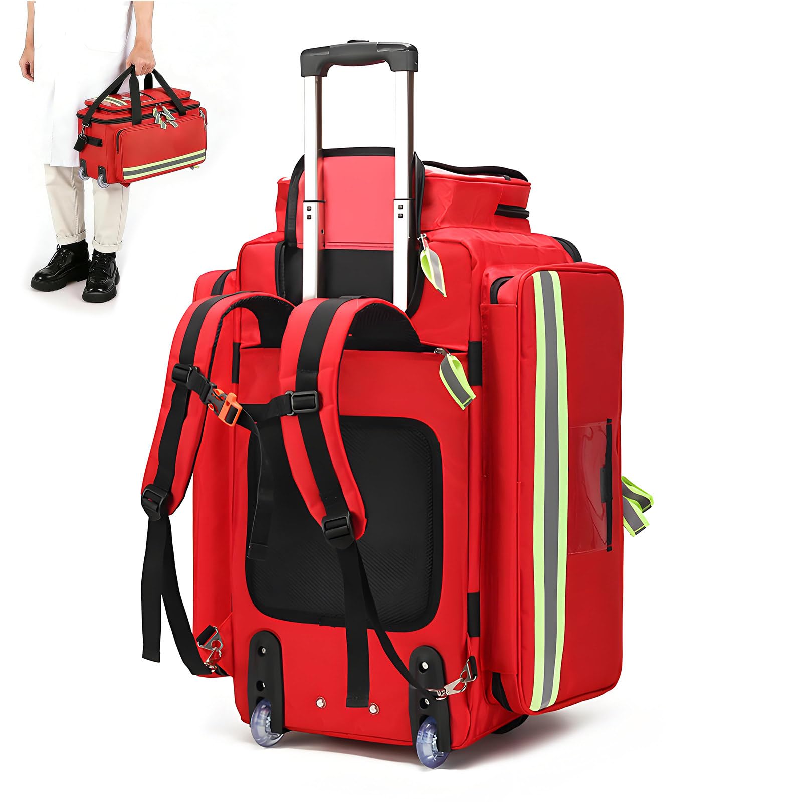 ROGHA Large Capacity Medical Trolley Bag with Wheels,Portable Outdoor Emergency Duffle with Reflective Strips,1800D Reflective Oxford,for EMS Red