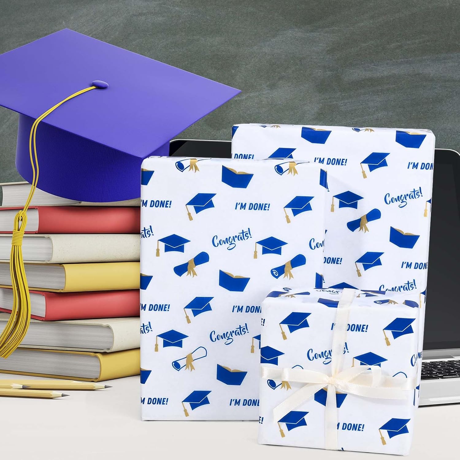 100 Sheets Graduation Tissue Paper Blue White Gold Graduation Cap Diploma DIY Craft Paper for Graduation Party Holiday Decoration Gift Packing, 20 x 14 inch