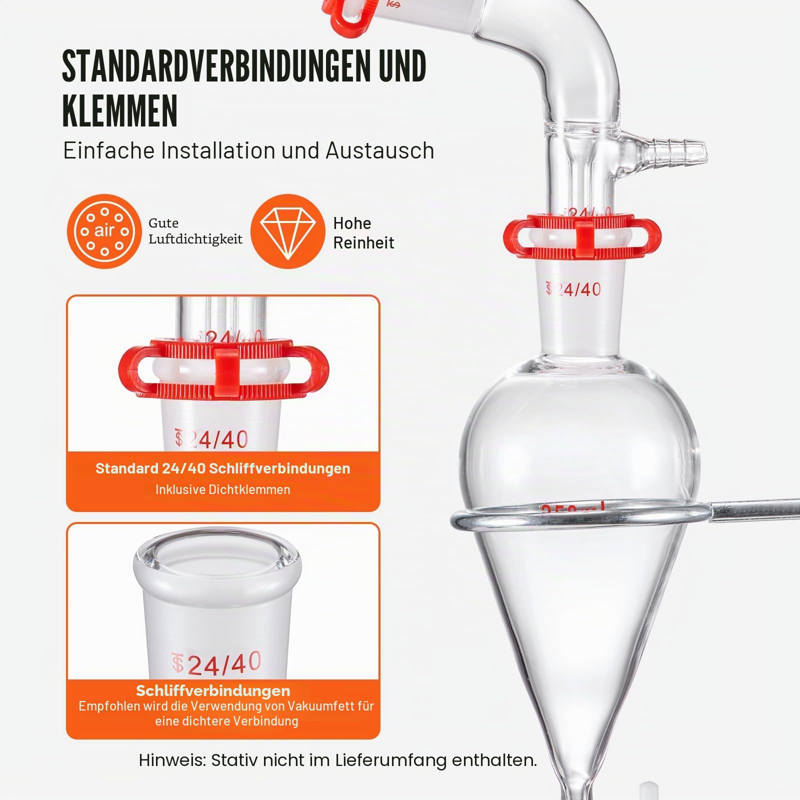 VEVOR Labor-Destillationsset, 3,3-Boro-Laborglas-Destillationsset mit 24- und 40-Verbindungen, 1000-ml-Destillationsgeräte-Set für Ätherische Öle, 32-teiliges Set mit Glaswaren