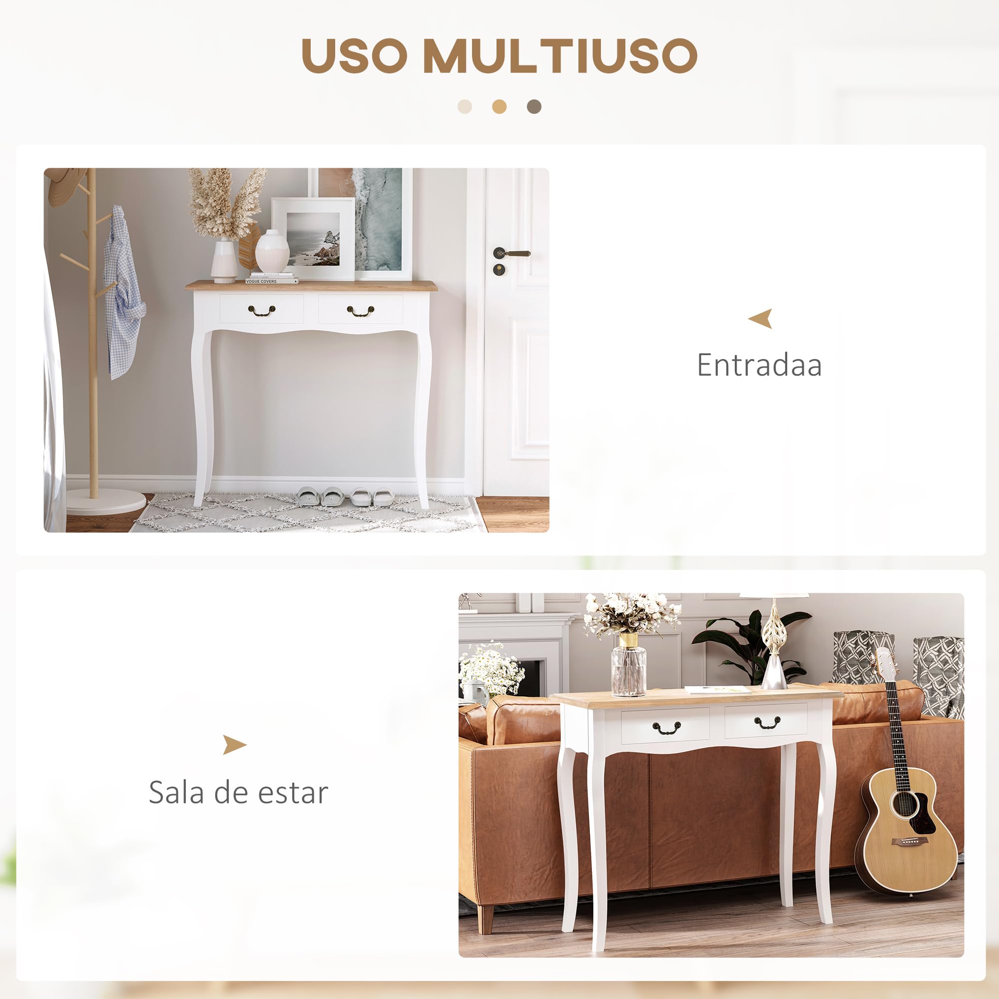 HOMCOM Mesa de Consola con 2 Cajones Diseño Retro 87x34x78,5 cm Blanco | Mesa Auxiliar, Entrada, Pasillo, Sala de Estar, Dormitorio, Pino