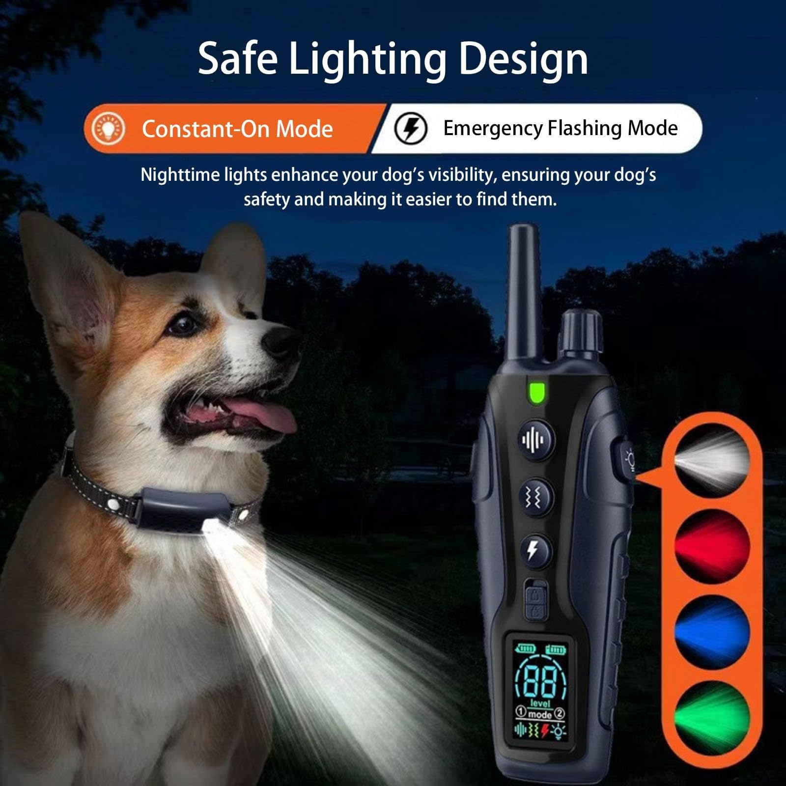 Collar de adiestramiento canino con mando a distancia de largo alcance 2000M, collar de nylon ajustable para perros con luz intermitente nocturna para corrección de conducta en perros pequeños A