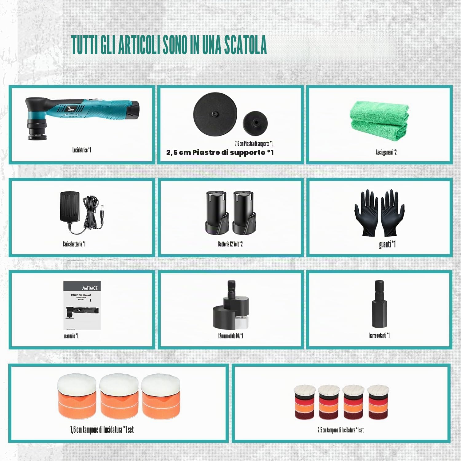 AUTIWOZ Lucidatrice a batteria per auto, mini lucidatrice 30 mm/75 mm, rimozione dei graffi, batterie Li-ion 12 V 2,0 Ah, 6 velocità W62