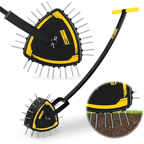 Patented Rolling Lawn Aerator, Heavy Duty Manual Push Tool with 30 Spikes for Soil Loosening, Spike Aeration Roller with Reuleaux Triangle Design for Garden Care, Revives Lawn Health, Save Labour