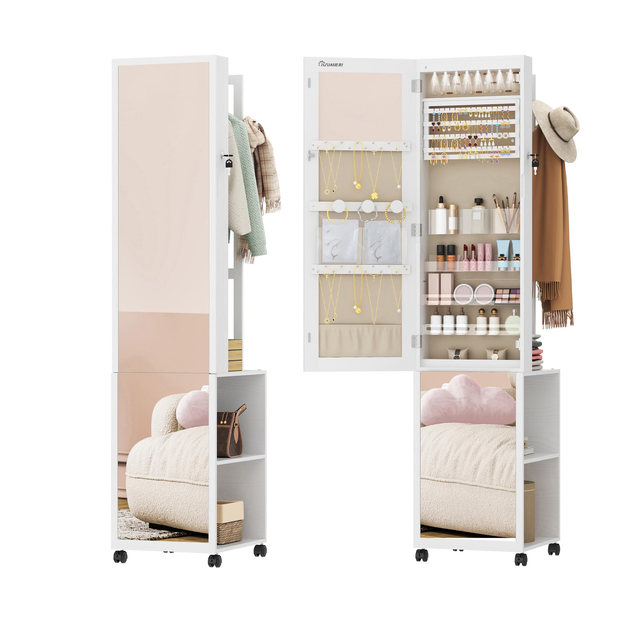 Hzuaneri 8 LEDs Mirror Jewelry Cabinet, Jewelry Storage Organizer with Garment Rack, Lockable Full-Length Mirror with 4 Wheels, Storage Shelves with Hooks, 5-in-1, White and Beige JC17003BE