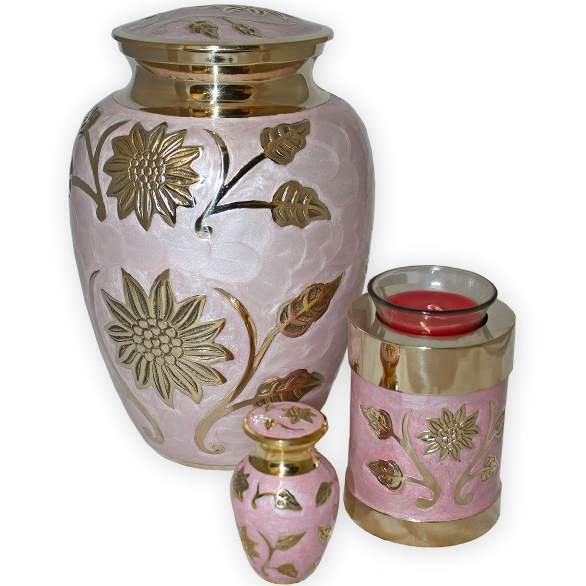 Pink Garden Brass Adult Cremation Urn | Unique Brass Funeral Urn with Gold & Pink Enamel Details | Large