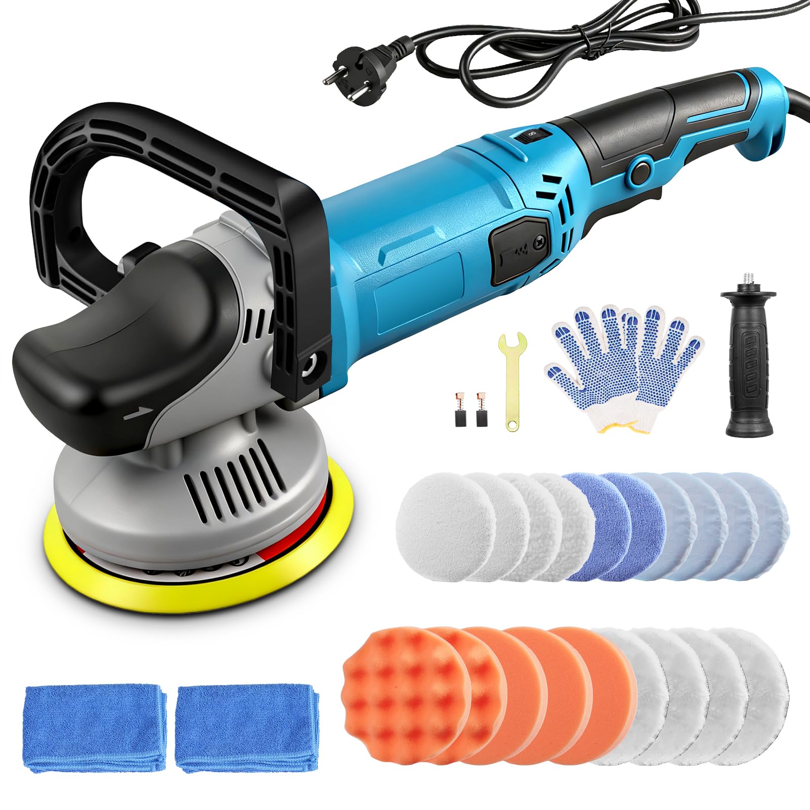 Poliermaschine Auto Professional Set, 150mm 1200W Exzenter Poliermaschine, 8 Geschwindigkeiten1000-4200RPM, 2M Kabel, Abnehmbarer D-Griff und Seitengriff, zum Polieren von Auto, Möbeln